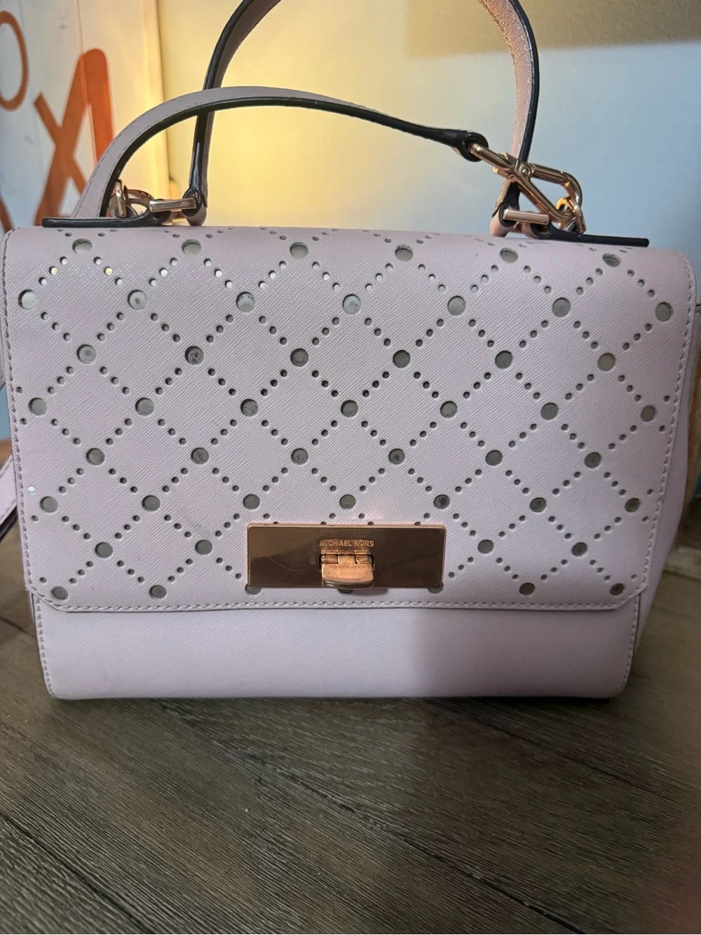 Michael Kors Perforated Top-Handle Satchel in Pale Pink with Gold Hardware
